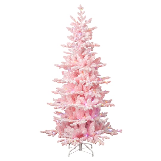 Glitzhome® 6ft. Pre-Lit Pink Flocked Slim Fir Artificial Christmas Tree, Warm White & Multicolor LED Lights